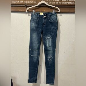 SWEET LOOK JEANS SZ 0 TEENS BLUE DISTRESSED STRETCH POCKETS ZIP CLOSURE (1486)